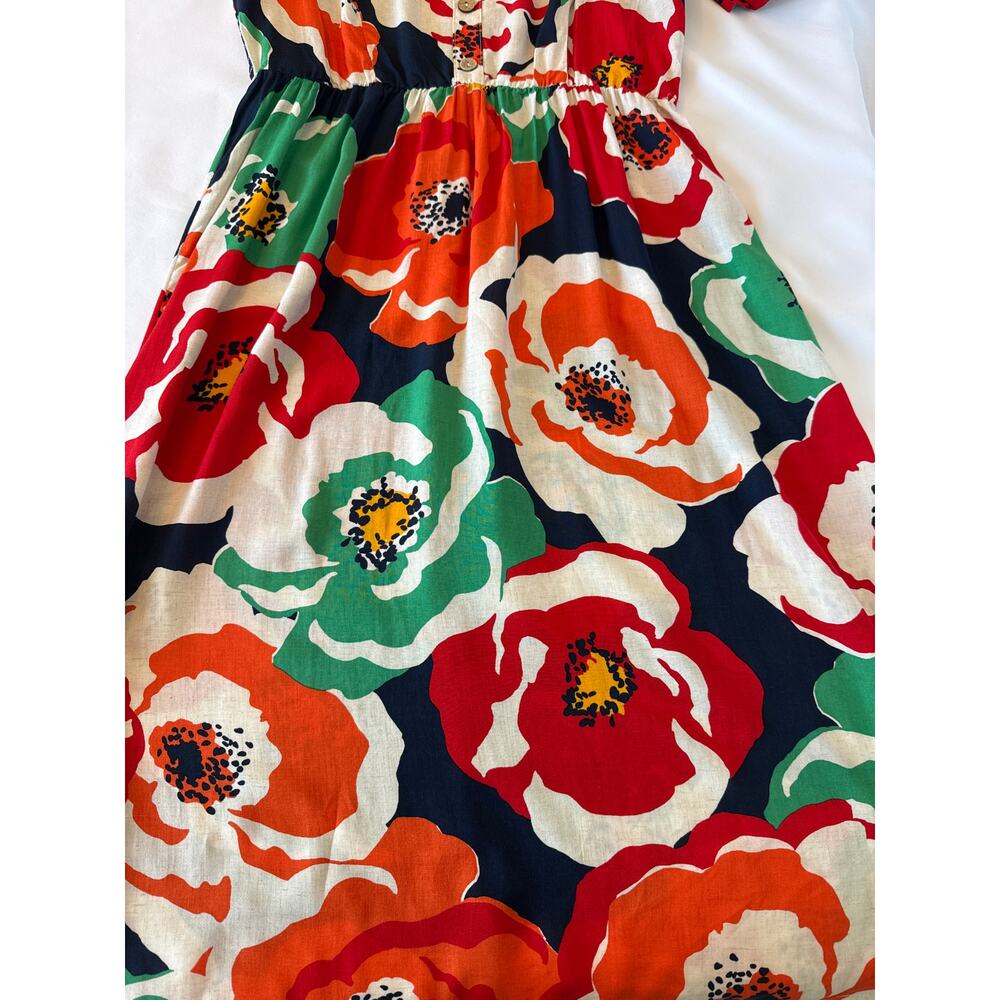 Vibrant Floral Midi Dress Size L NWT Puff Sleeve Linen Blend Summer Events Dress - Picture 8 of 9